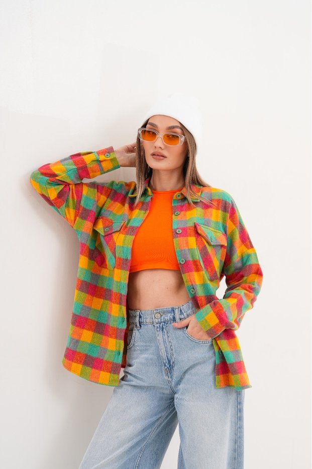 Women's Patterned Color-Block Flannel Oversized Loose and Wide-Fit Casual Pocketed Collared Shirt Jacket