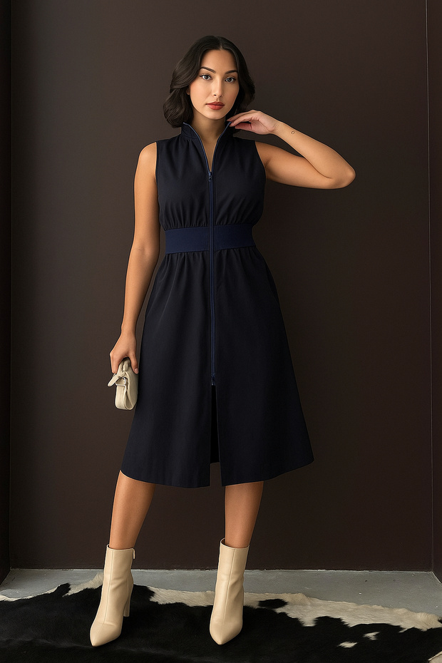 Women's Mock Neck Front Zipper Slit Spring Summer Elastic Waist Stylish Jacket Dress