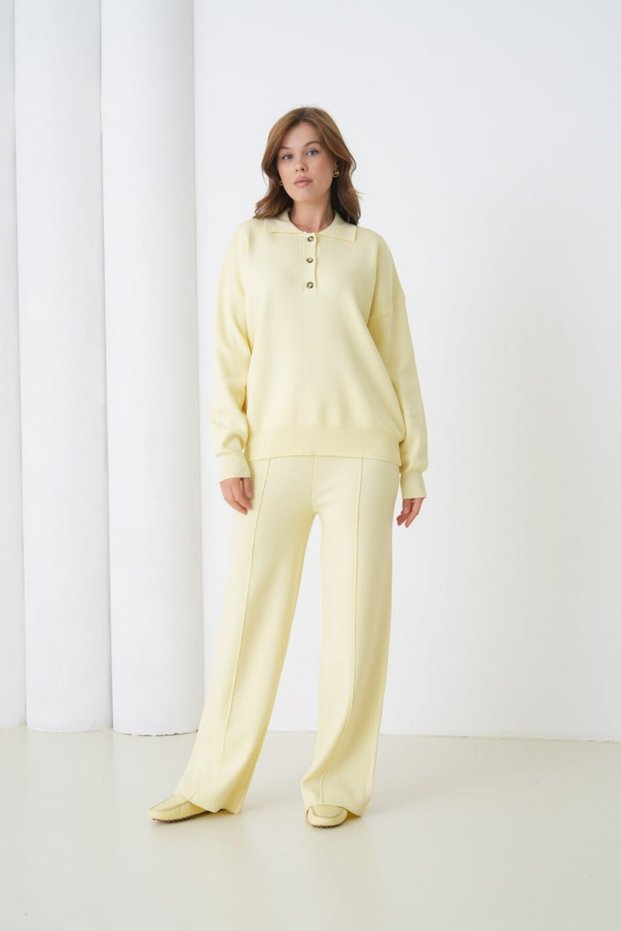 Oversized Premium Yarn Half Placket Button Polo Neck Knitwear Bottom-Top Set Aw25Au0029