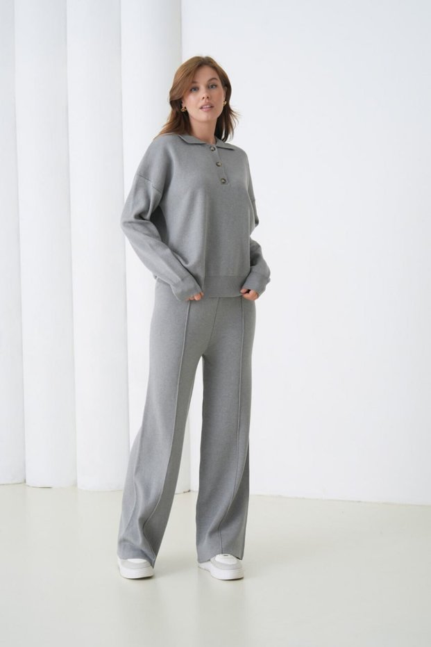 Oversized Premium Yarn Half Placket Button Polo Neck Knitwear Bottom-Top Set Aw25Au0029