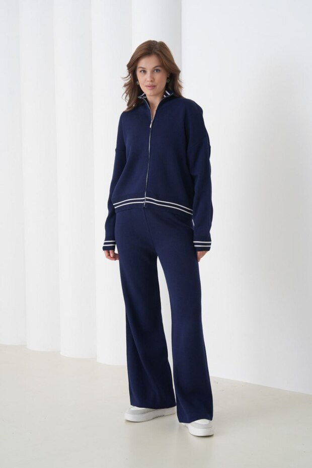 Mock Neck Zipper Detailed Cardigan Pants Knitwear Bottom-Top Set Aw25Au0028