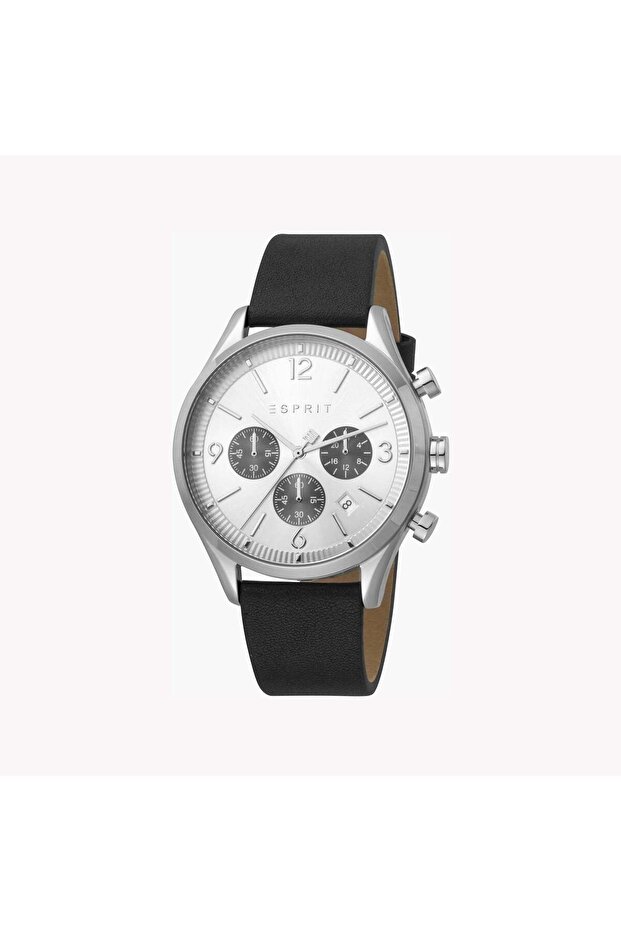 Men's Black Leather Watch, Silver Dial | Es1g120m0025