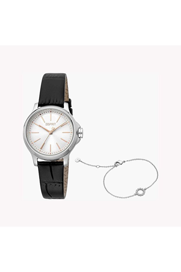 Women's Black Leather Watch, Silver Dial | ES1L144L2015