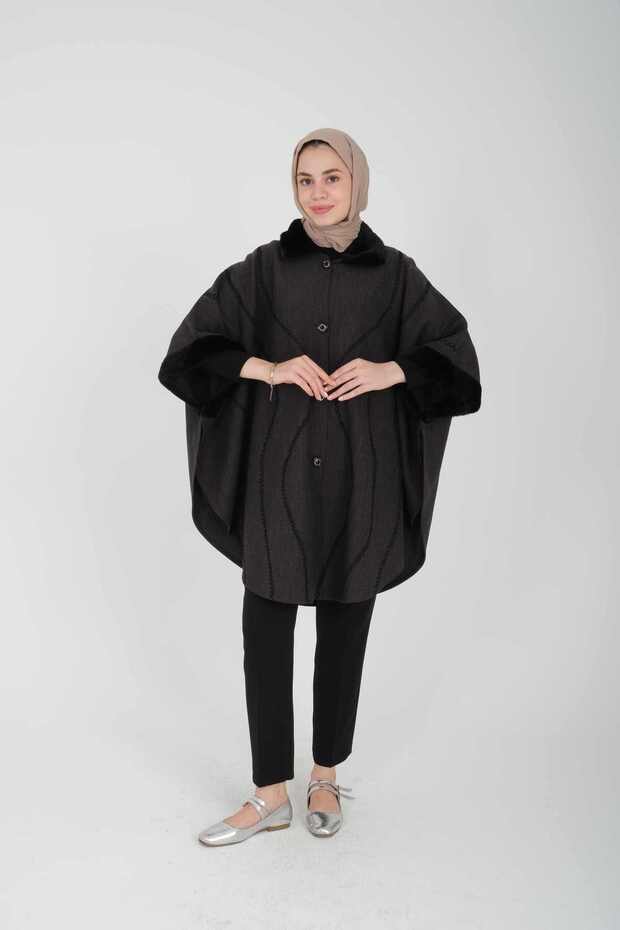 Kadın Çelik Örme Nakışlı Standart Beden Panço - 4