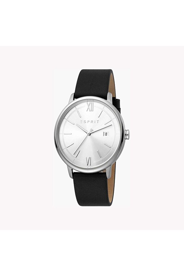 Men's Black Leather Watch, Silver Dial | Es1g201m0035