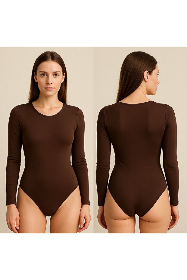 Women's Brown Long Sleeve Crew Neck Bodysuit
