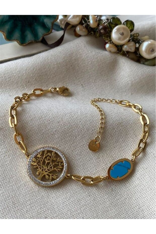 Life Tree and Turquoise Stone Steel Bracelet