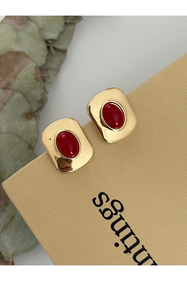 Vintage Design Square Model Burgundy Gold Steel Earrings