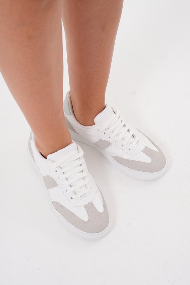 White Gray Flat Sole Lace-Up Women's Sneaker Sports Shoes