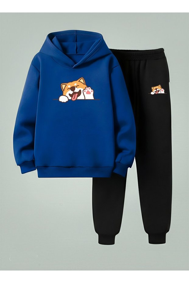 Children Hooded Set Sweet Dog Printed 3 Thread Ş Fleece-Lined Sweatshirt - Tracksuit Set