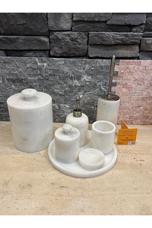 100% Natural Marble 7 Piece Bathroom Set – Polished Marble / Antique Silver Varnished Accessories