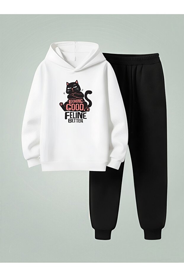 Children Hooded Set Looking Good Printed 3 Thread Ş Fleece-Lined Sweatshirt - Tracksuit Set