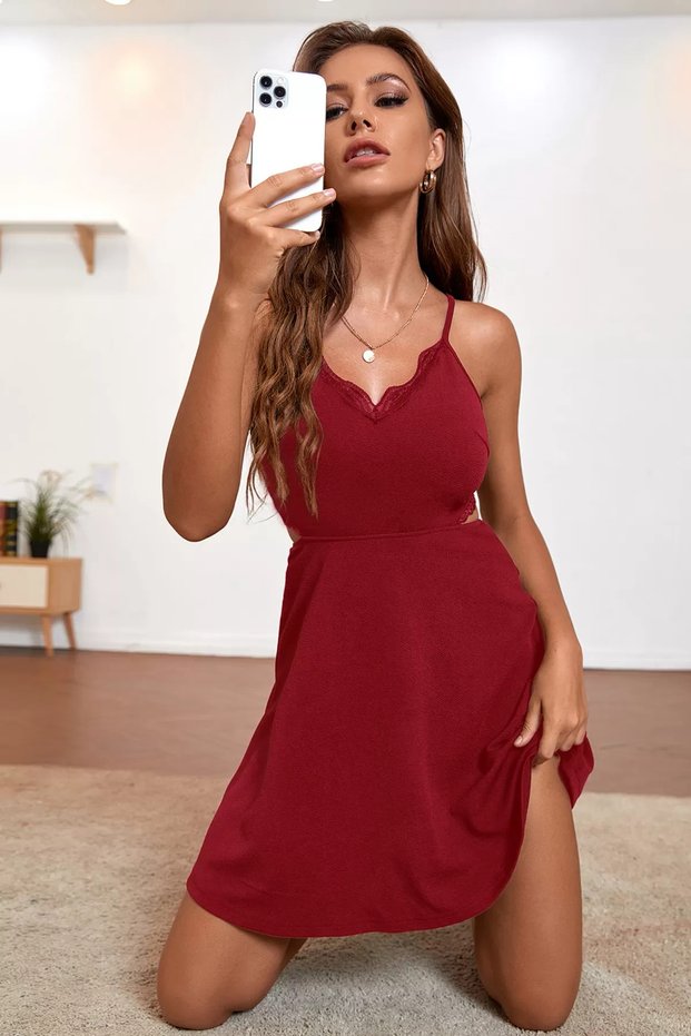 Burgundy Rope Strap Stylish Dress with Lace Detail on the Back and Chest