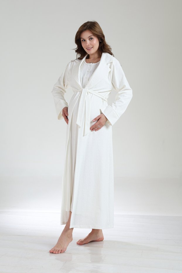 Women's Ecru Jacquard Shawl Collar Full Length Winter Long Sleeve Special Design Maternity Nightgown Nightdress Set