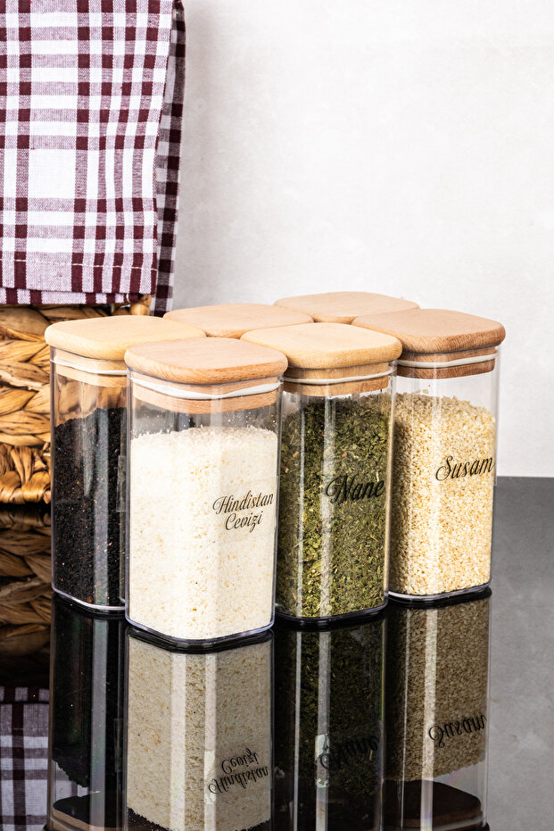 6 Pieces Bamboo Vacuum Lid Mica Storage Container Spice Jar Set Transparent with Label 300 ml