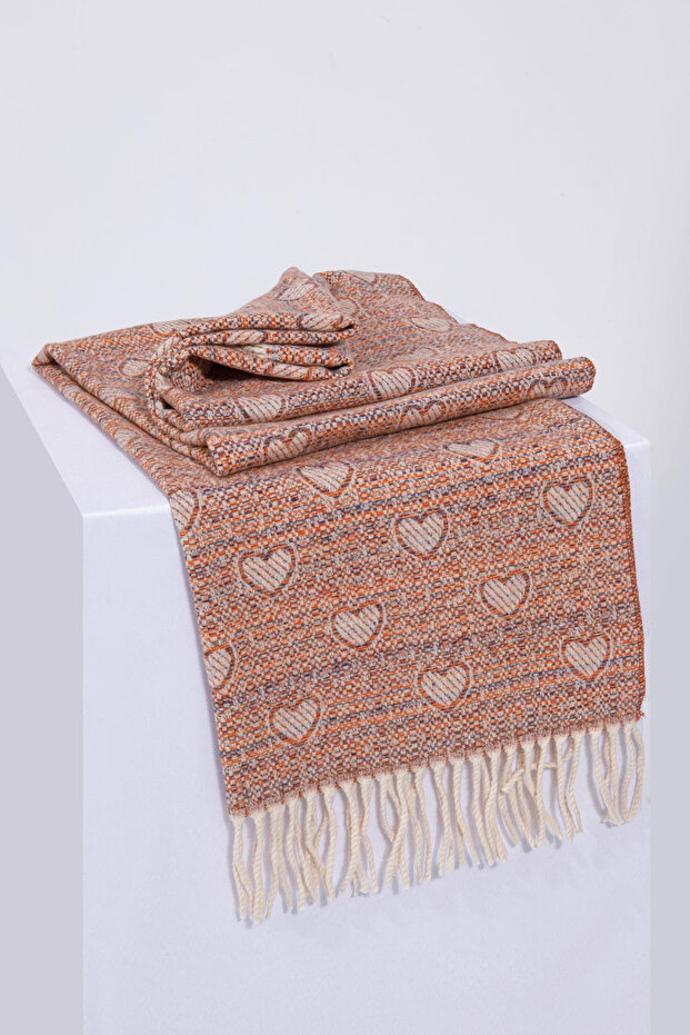 Heart-Patterned Wool Winter Scarf - Orange