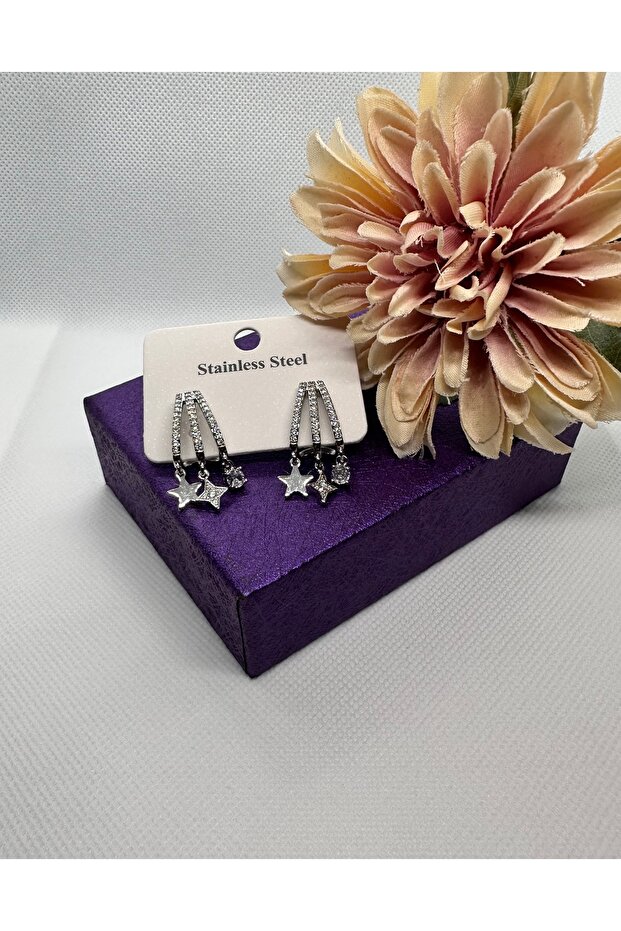 3-Piece Combined Star-Hanging Silver Color Steel Earrings