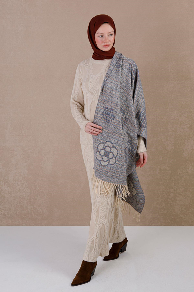 وشاح شتوي من الصوف بنقشة الورد - أزرق - 2