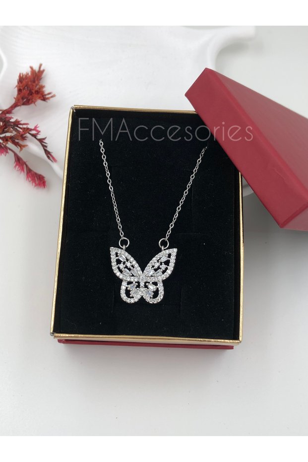 Steel Women's Necklace Stainless Silver Color with Butterfly and Stone 45 cm Antiallergic with Gift Box