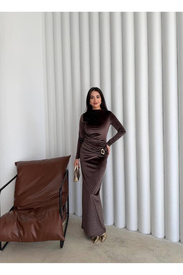 Women's Brown Velvet Long Evening Dress with Gold Buckle Detail