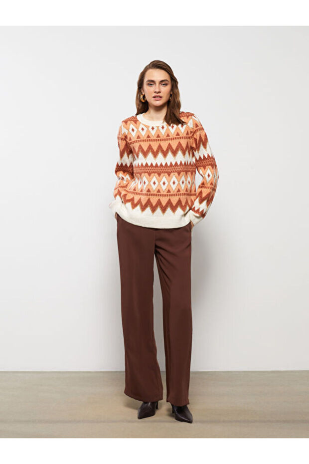 Crew Neck Patterned Long Sleeve Women's Knitwear Sweater