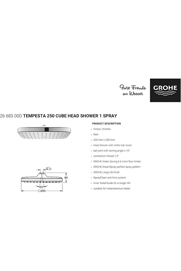 Tempesta 250 Cube Head Shower, Chrome