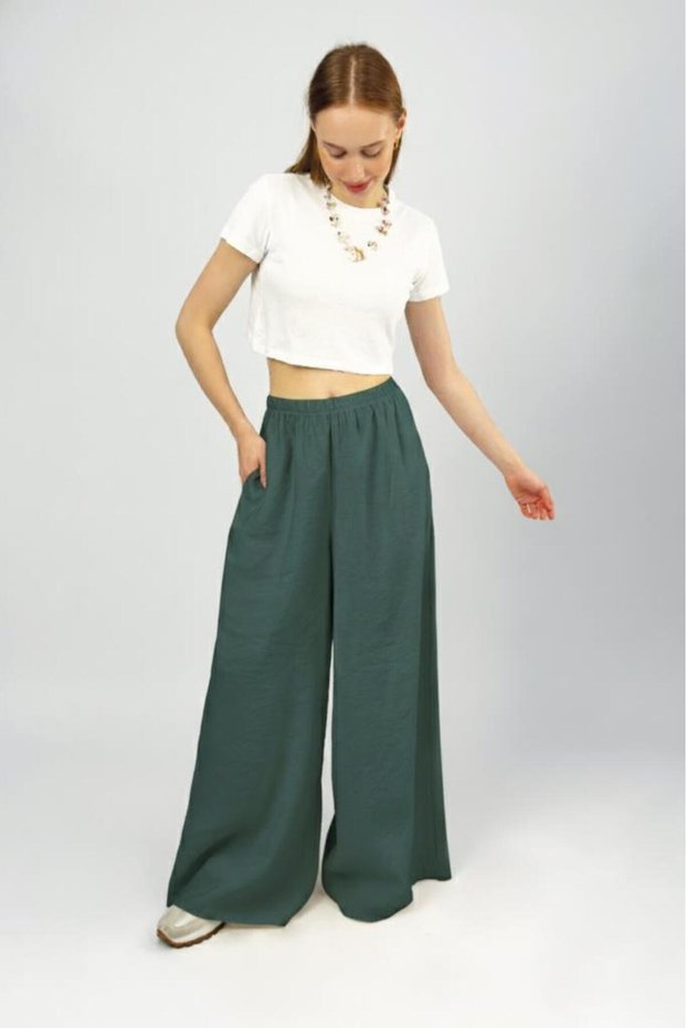 Women's Modal High Waist Pocketed Elastic Waist Wide Leg Pants Emerald Green