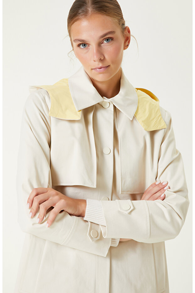 Taş Rengi Kapüşonlu Trençkot - 2