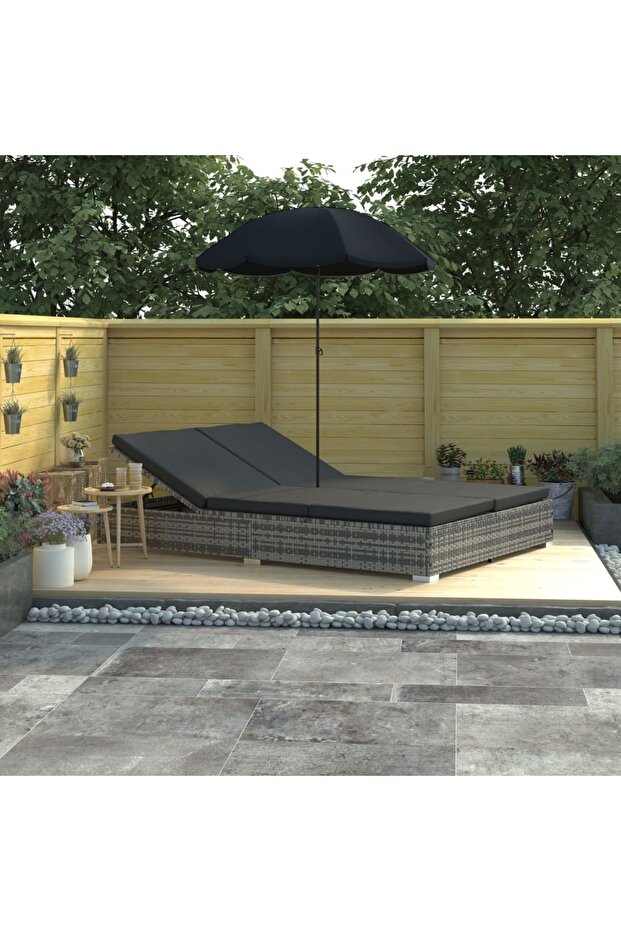 Outdoor Lounge Bed with Umbrella Poly Rattan Grey