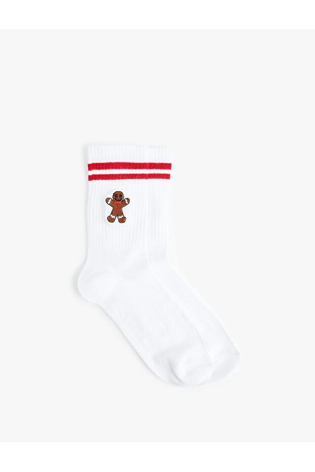 New Year's Themed Embroidered Stripe Detailed Tennis Socks
