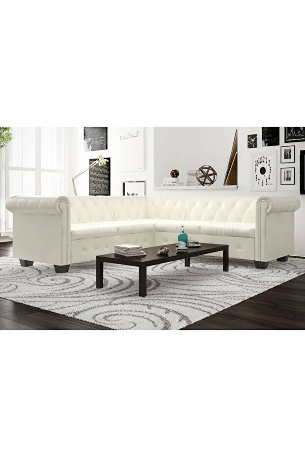 Chesterfield Corner Sofa 5-Seater Artificial Leather White