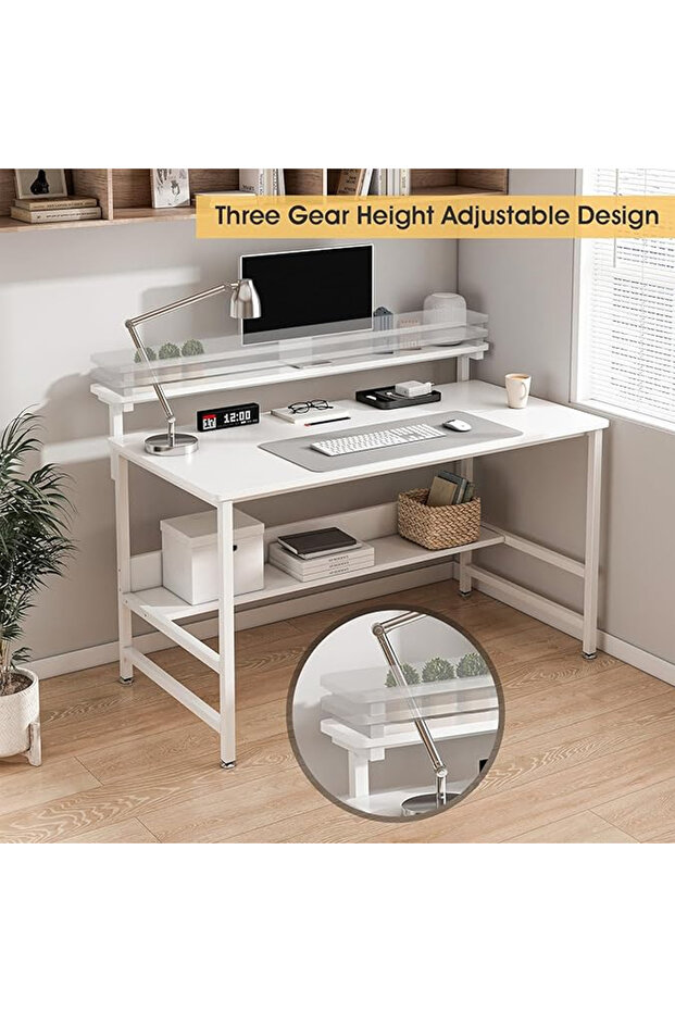 Study Desk with Bookshelf,Computer Table with Under-Desk Storage,White - 4