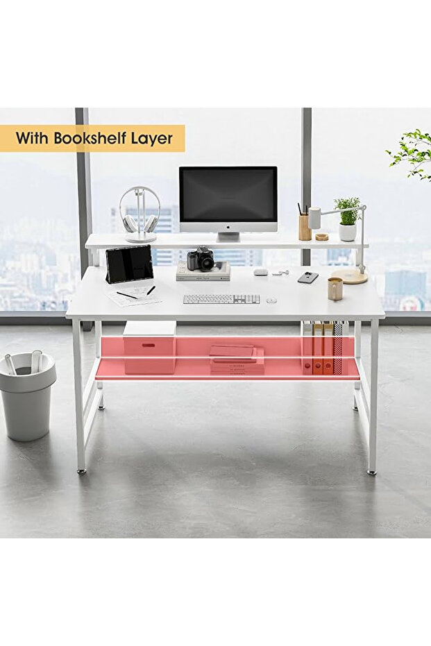 Study Desk with Bookshelf,Computer Table with Under-Desk Storage,White - 2
