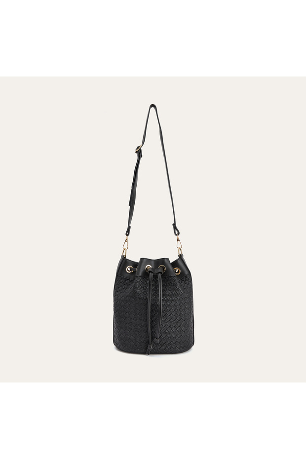 Women's Black Drawstring Knitted Look Shoulder Bag