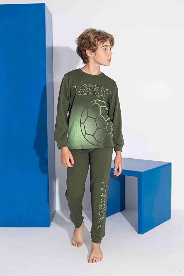 طقم بيجامة للأولاد مصنوع من القطن بنسبة 100% من نوع Interlock Khaki Top B مطبوع برقبة دائرية وأكمام طويلة