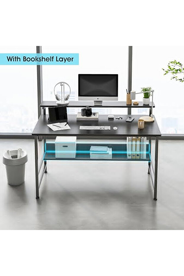 Study Desk with Bookshelf,Computer Table with Under-Desk Storage,Black - 4