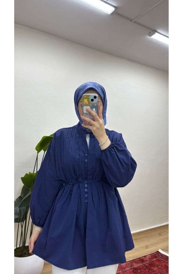Women's Ribbed Linen Hijab Shirt Quwi̇q - Navy Blue