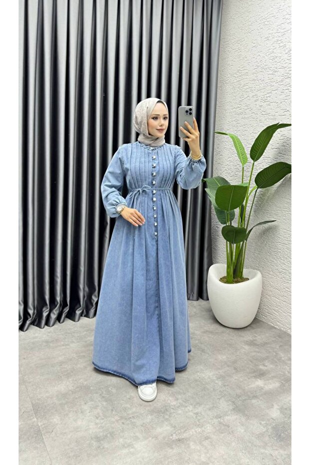 Yıkamalı Denim Kot Elbise - 5