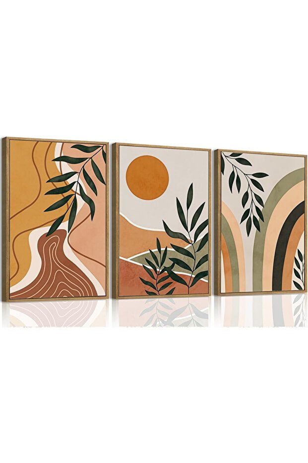 Boho Abstract Sun Wall Art Set (30x40 cm) – Framed Mid Century Botanical Prints Set of 3