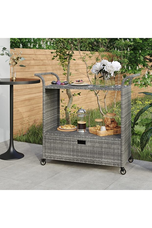 Bar Cart with Drawer Grey 100x45x97 cm Poly Rattan