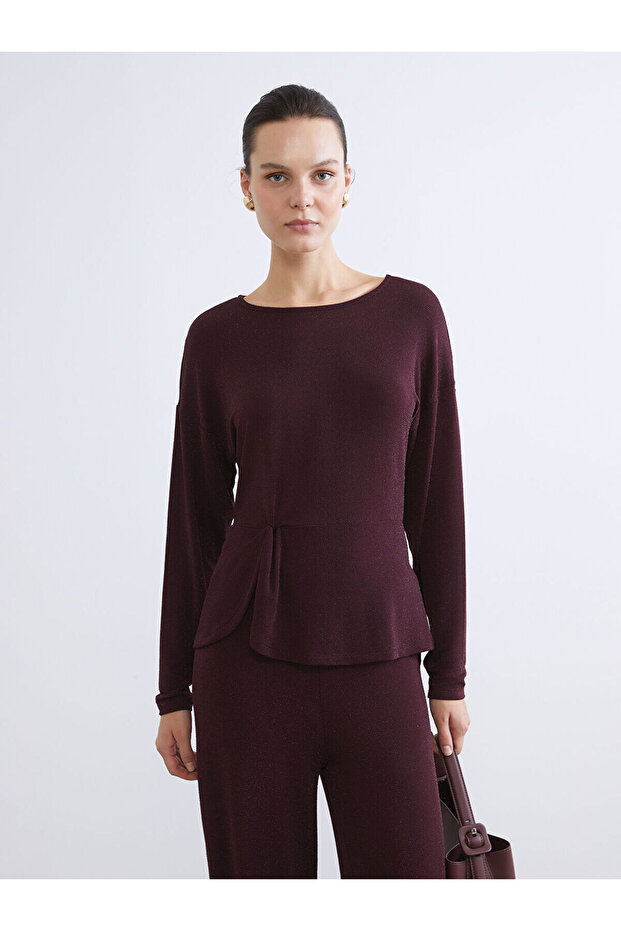 Lcw Everyday Plum Crew Neck Gathered Glitter Blouse