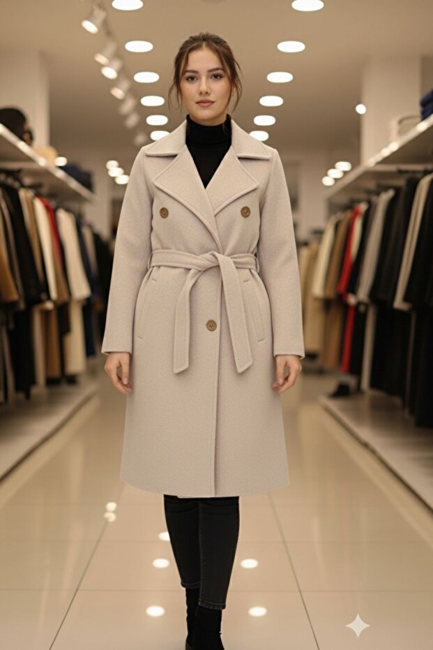 Cream Belt Detailed Pocketed Buttoned Double-Breasted Cashmere Coat