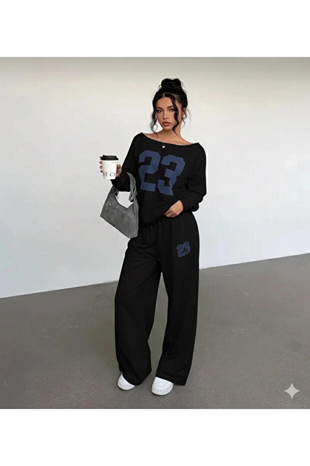Women's Black Boat Neck Ribbed Printed 23 Sweatshirt - Black Loose Fit Comfortable Tracksuit Set