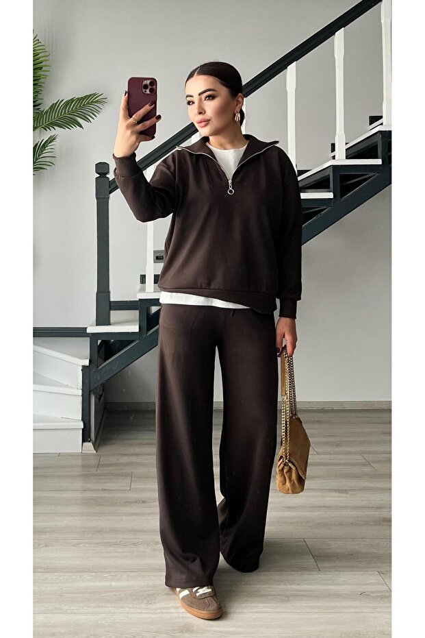 Brown Modal Fabric Half Zipper Suit