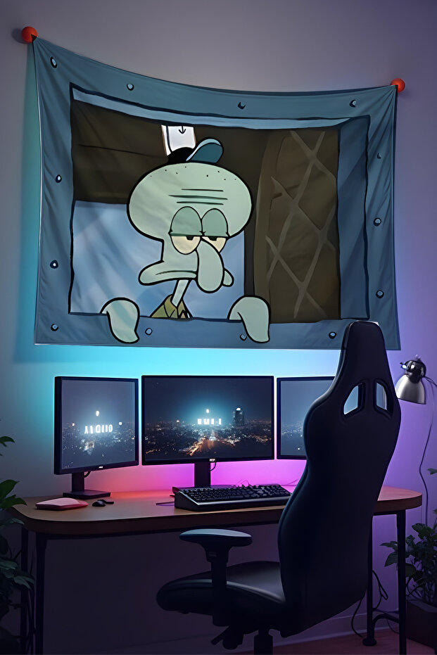 Spongebob Squidward Wall Cloth – High-Quality Fabric, Gamer Player Room Decor Tapestry Wall Carpet