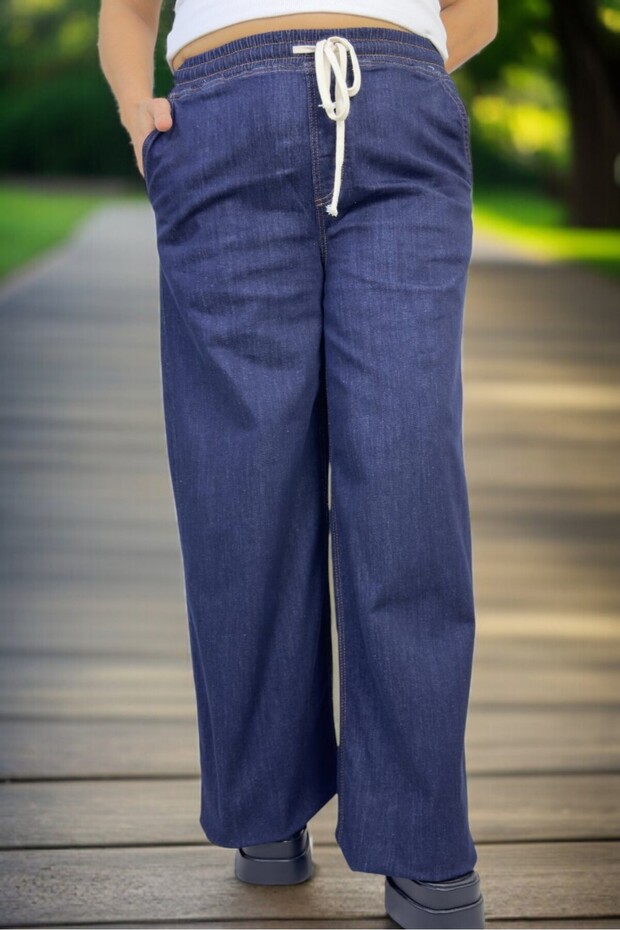 Plus Size Jeans with Wide Legs and Full Stretch, Lace-Up, Wide Elastic Waistband