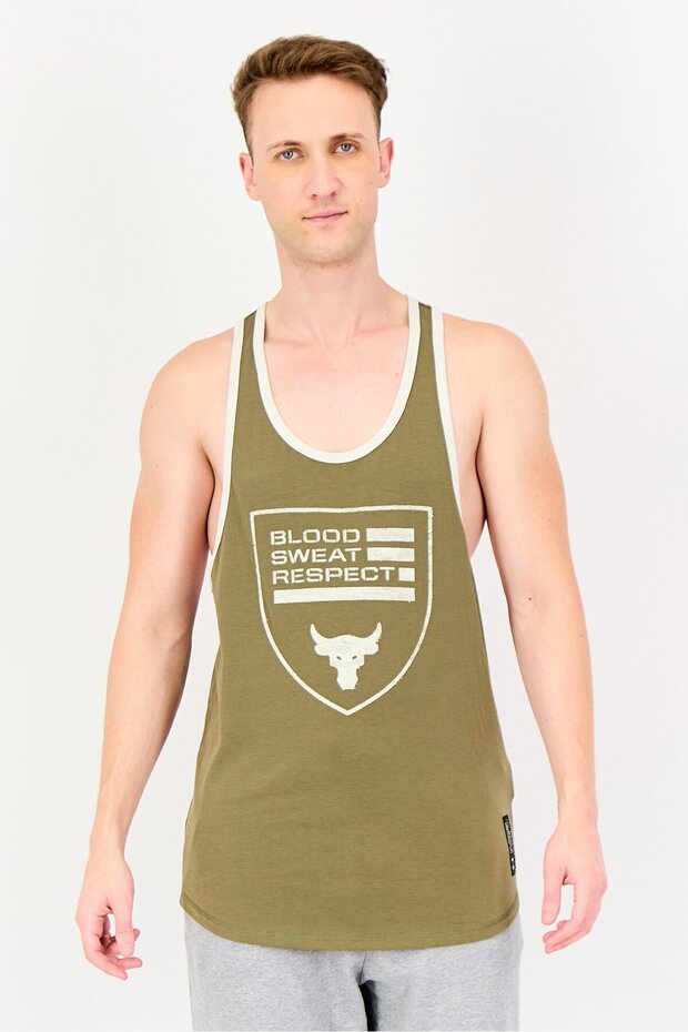 Men Loose Fit Graphic Print Sleeveless Training T-Shirt, Olive