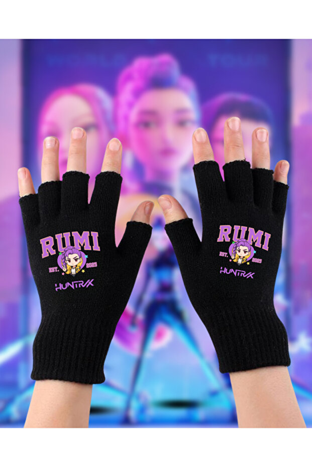Kpop Demon Hunters Printed Unisex Black Cut Double Gloves