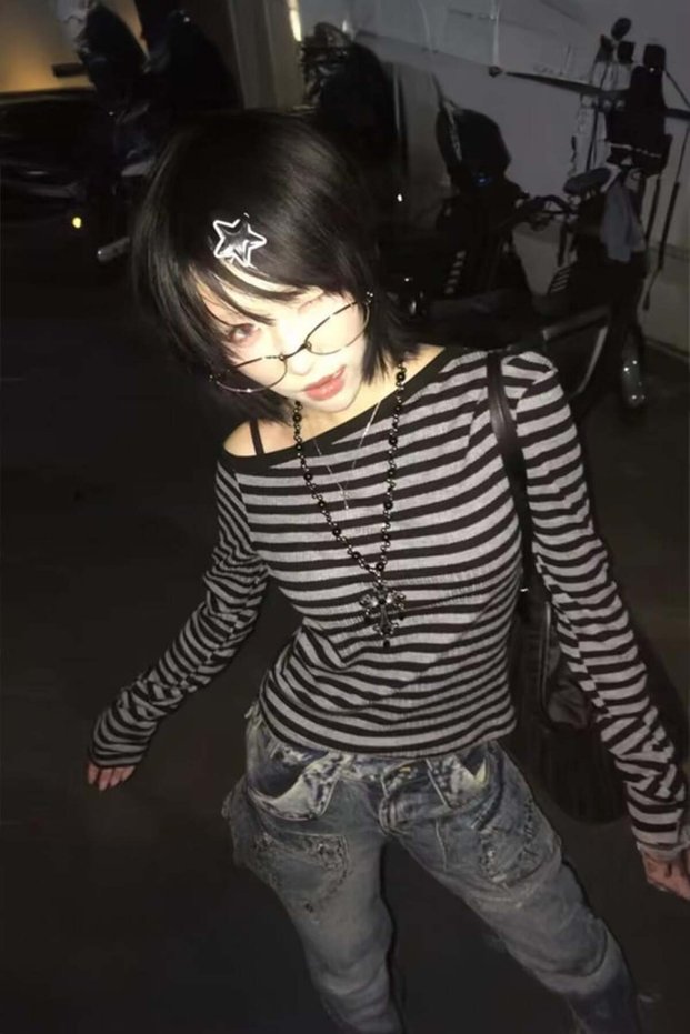 Basic Black Gray Striped Crew Neck Long Sleeve Bodysuit