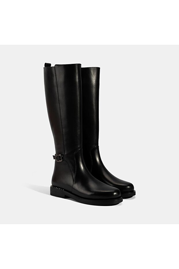 Women's Black Metal Buckle Thick Heeled Leather Boots
